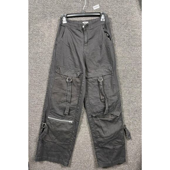 Hot Topic Pants Womens 3 Black Cargo Strap D-Ring Zip Pockets Goth Wide Leg Emo - Picture 1 of 8